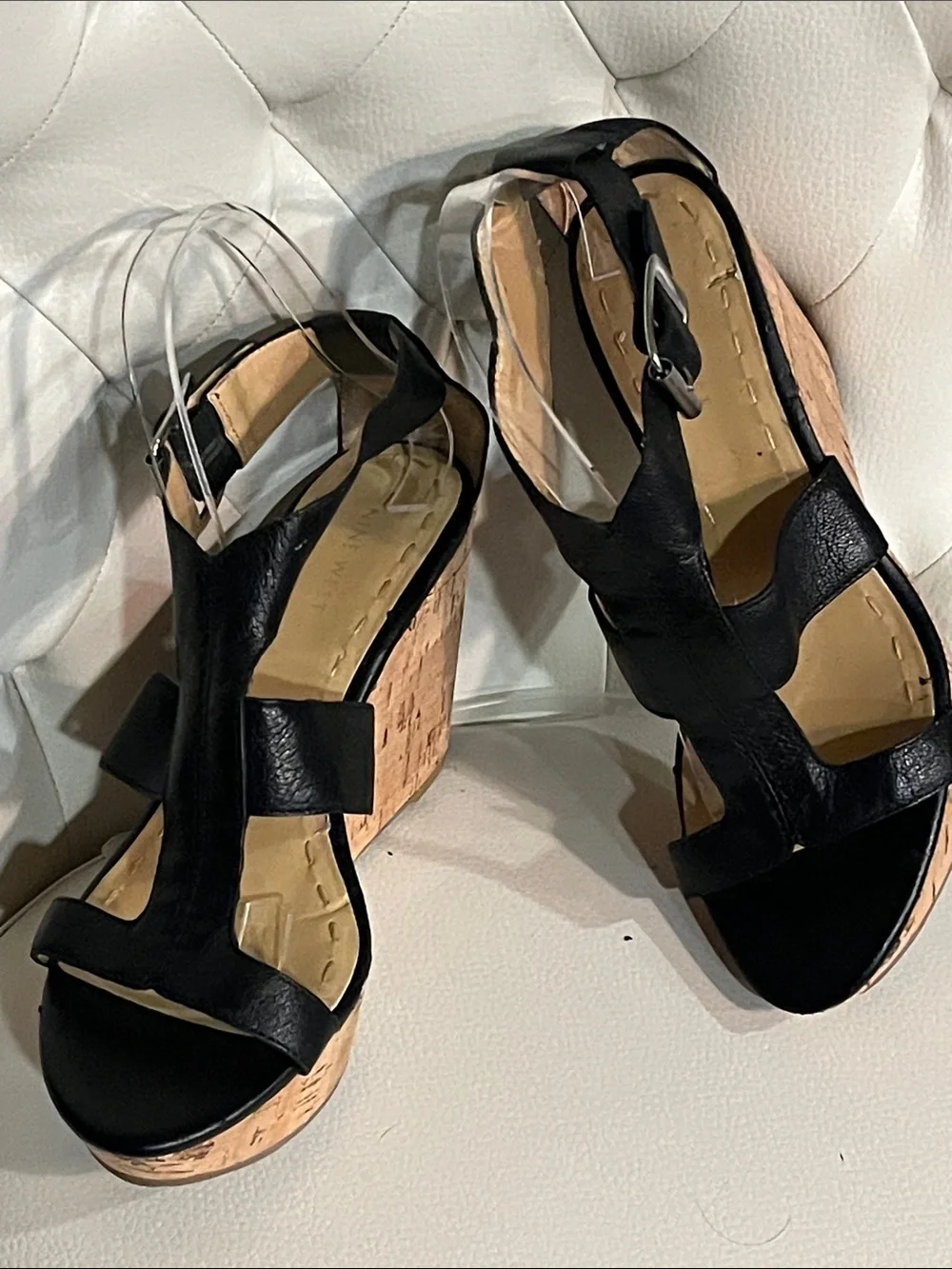 Nine West Black Leather Cork Wedge Sandals Size 8
